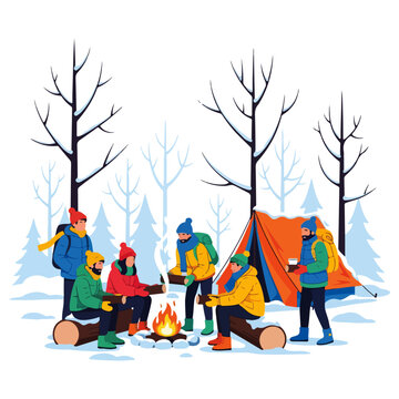 A group of friends enjoying a warm campfire in a snowy forest during winter camping.