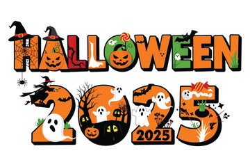 Spooky Halloween 2025 celebration with witches, ghosts, pumpkins, bats, and candy art for festive invitations and decorations