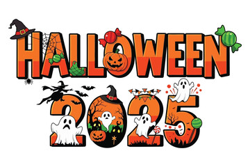 Spooky Halloween 2025 graphic featuring cheerful ghosts, pumpkins, witches, and candy perfect for seasonal celebrations and decorations