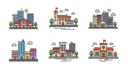 Colorful illustration depicting various city buildings and architectural styles © MALA