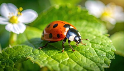 Fototapeta premium Close Up Shot of Ladybug on Green Leaf with White Flower in Soft Focus Sunlight