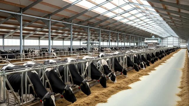 Modern dairy farm interior with cows in stalls and bright skylights