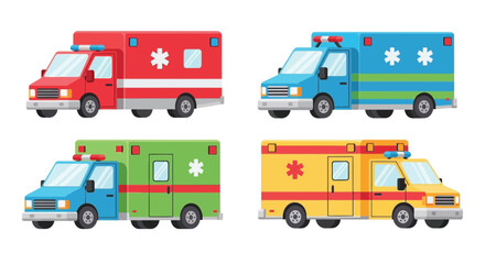 Colorful cartoon ambulance vehicles set emergency medical transport illustrations displayed