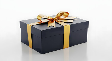 Obraz premium Gift of Elegance: A luxurious, dark gift box, elegantly adorned with a shimmering golden ribbon and bow, radiates sophistication and the promise of a treasured surprise.