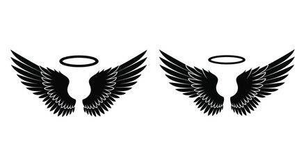 Obraz premium Two pairs of black angel wings and halos simple graphic design
