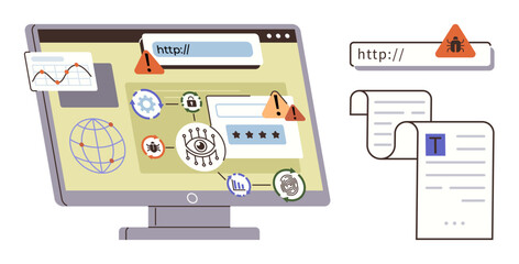 Computer monitor with virus alerts, warning icons, and security checks. Ideal for cybersecurity, online safety, data protection, privacy awareness, malware risks, internet threats simple flat