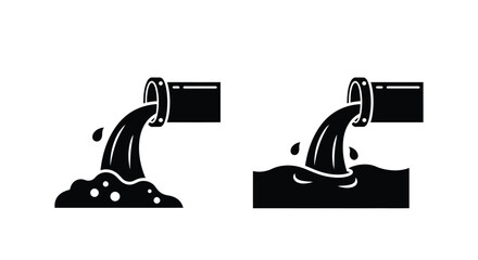 Black and white illustration of a pipe discharging liquid waste flow