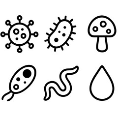 Microbe icons outline icon set: virus, bacterium, fungus spore, protozoa, worm, droplet.