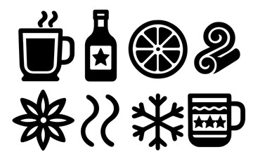 Christmas Market Mulled Wine silhouette set: glass mug, spiced wine bottle, orange round, cinnamon swirl, star anise, steam curls, snowflake icon, festive cup. , , High resolution,