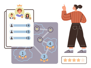 Woman pointing at leaderboard, network map, and rating stars representing progress, achievement, ranking. Ideal for team management, competition, education, strategy leadership assessment goal