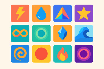 Symbolic Instance flat icons: flash, spark, lightning bolt, droplet, prism, star, infinity loop, glowing aura, crystal, wave, spiral, circle, flame, portal, abstract dot, shining