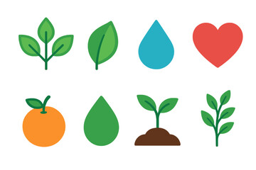 Organic flat icons: plant, leaf, water droplet, heart, fruit, seedling, soil, branch.