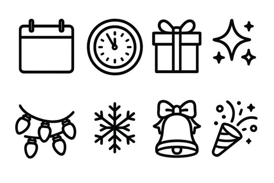 Holiday Time — Festive essentials outline icon set: calendar page, clock striking midnight, wrapped gift, sparkling star, string lights, snowflake, bell with bow, confetti burst.