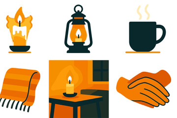 Candlelight Warmth flat icons: flickering candle, lantern on table, steaming mug, wool scarf, dim light, peaceful room, golden hue, resting hands.