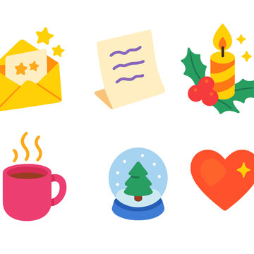 Holiday Wishes flat isometric set: envelope with stars, handwritten note, holly sprig, twinkling candle, warm mug, ribbon bow, snow globe, glowing heart.