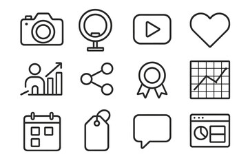 Modern Influencer Tools outline icon set: gradient camera, minimalist ring light, sleek video icon, clean heart, structured follower chart, geometric share arrow, elegant badge,