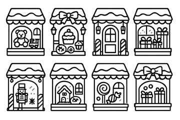 Holiday Storefronts outline icon set: toy shop front, bakery with lights, snow-covered roof, glowing lanterns, candy cane pillars, frosted glass, ribbon banner, gift boxes in