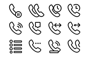 Call Waiting Basics outline icon set: phone with pause icon, two overlapping handsets, phone with clock, ringing phone with second line, incoming call overlay, phone with double