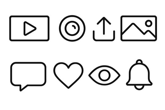 Video Sharing outline icon set: play button, camera lens, upload arrow, thumbnail frame, comment bubble, like heart, view counter, subscribe bell.