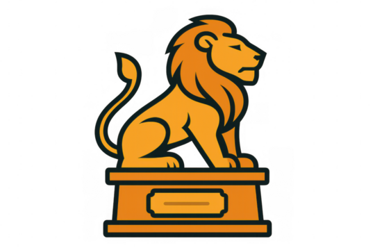 Lion statue trophy icon representing power, leadership, strength, and success on podium with transparent background - Powered by Adobe