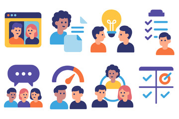 Student Collaboration flat icons: virtual meeting, document share, idea exchange, task list, classroom chat, progress tracker, team icons, goal board.