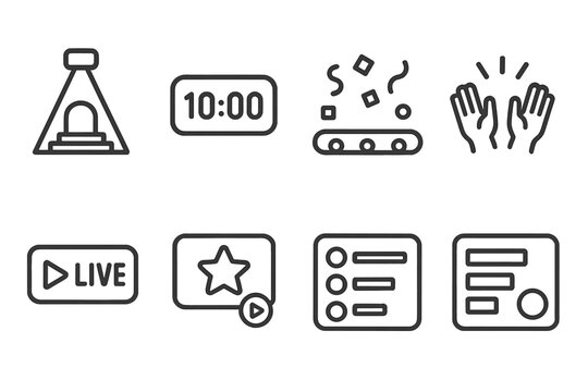 Event Live Interaction outline icon set: stage spotlight overlay, live countdown timer, audience engagement bar, confetti animation, applause icon, performance stream badge,