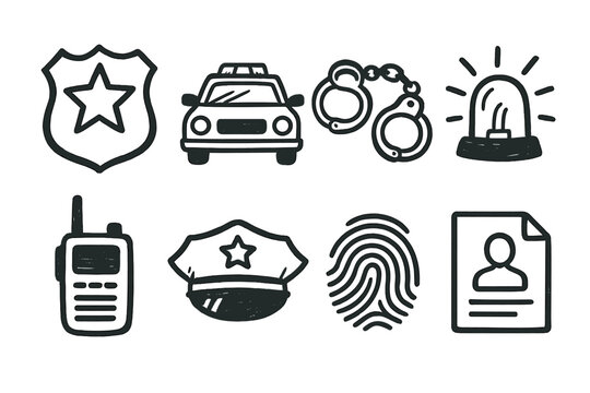 Law Enforcement set of icons in doodle hand-drawn vector style: police badge, patrol car, handcuffs, siren light, radio, police hat, fingerprint, arrest file.