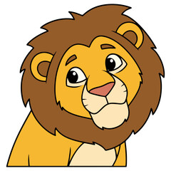 Friendly cartoon lion with a curious expression and a flowing mane
