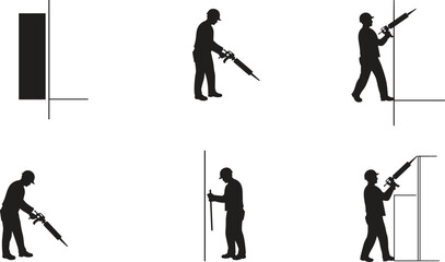 Cabinet assembly illustration, construction worker, power drill, screwdriver use, wall cabinet, safety helmet, carpentry process, furniture installation, repair work, training skills