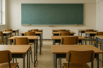Empty Classroom: Rows of school desks and chairs sit empty in a brightly lit classroom, with a clean blackboard at the front. It symbolizes a place of learning and knowledge, ready for the students.