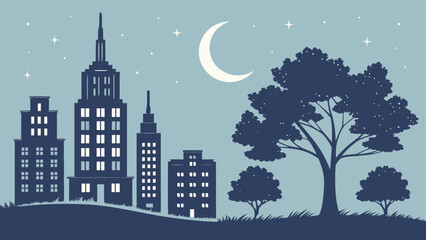 Fototapeta premium Serene Night City Skyline with Crescent Moon