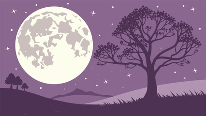 Fototapeta premium Moonlit Night Landscape with Silhouetted Tree and Stars