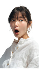Surprised young Asian woman with open mouth and wide eyes looking away isolated on transparent background.