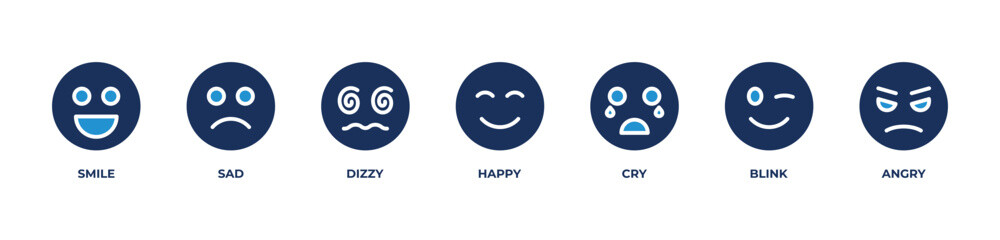 Mood Faces Icons set vector illustration blue with Smile, Sad, Dizzy, Happy, Cry, Blink, Angry