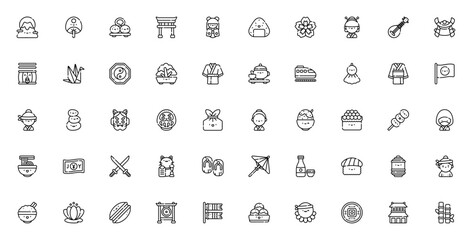 Japan icon set. Japanese vector symbols collection. eatures Fuji mountain, Samrai, Sushi, Ramen, Sakura,Lantern, Ninja, Katana, Gesha, Yen, Temple, Bonsai ad more. Editable stroke.