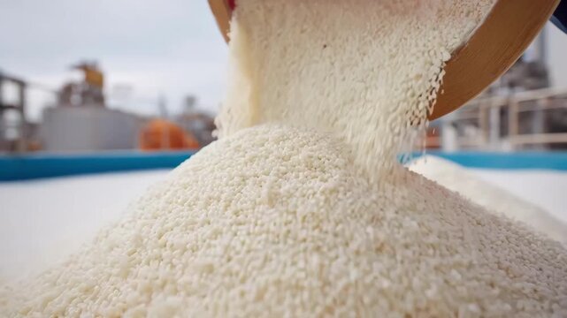 Closeup medium shot of pelletized biosolid fertilizer being conveyed on an assembly line highlighting the uniform shape and texture of ecofriendly plant nutrients.