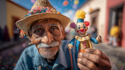 Elderly man in a hat with a smile holds a handcrafted clown doll, capturing the essence of cultural heritage and festive spirit during Día de la Inmaculada Concepción celebrations