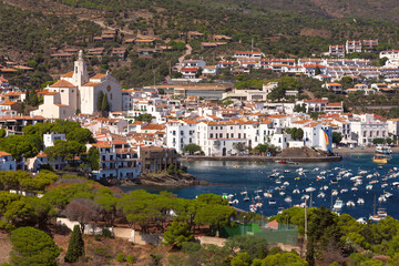 View of Santa Maria church and bay in Cadaques Spain