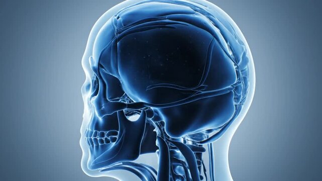 Detailed 3D Render of a Human Skull and Neck Anatomy in Blue XRay Style.