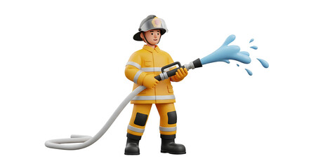 Obraz premium Firefighter with water hose in action. isolated on a transparent background