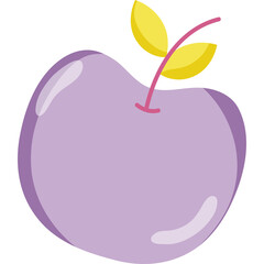 Single Stylized Lavender Colored Fruit with Yellow Leaves and Stem on Transparent Background