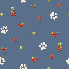 Seamless pattern with autumn berries, leaves and dog paws blue color