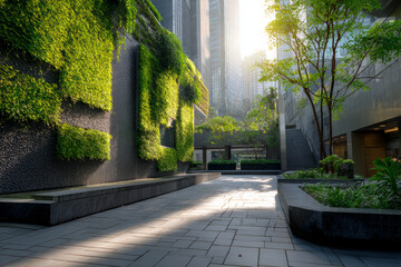 Fototapeta premium Contemporary glass building covered with lush vertical greenery under blue sky.