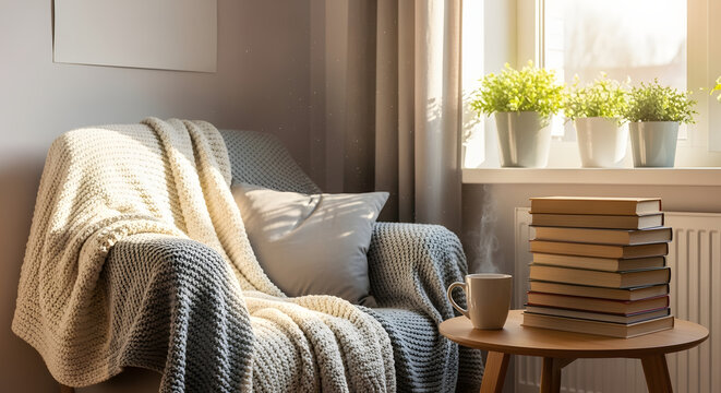 Cozy Reading Nook: A serene, inviting reading corner bathed in soft sunlight, featuring a comfortable armchair draped with a cozy blanket, and a stack of books.
