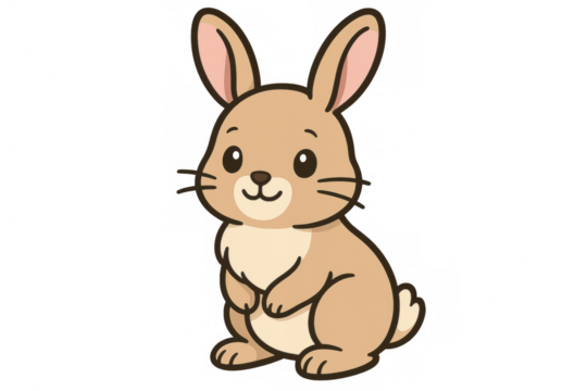 Cute baby rabbit sitting up, happy fluffy bunny cartoon illustration, happy easter animal character, brown pet