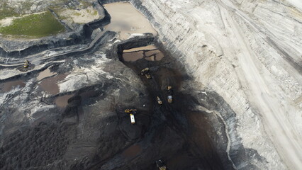 The process of an excavator loading coal onto a truck to be taken to the production site, a coal mine in Kalimantan