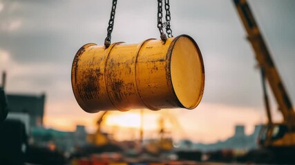 Crane gently hoisting a large drum barrel over an industrial site emphasizing careful handling in hazardous waste management.