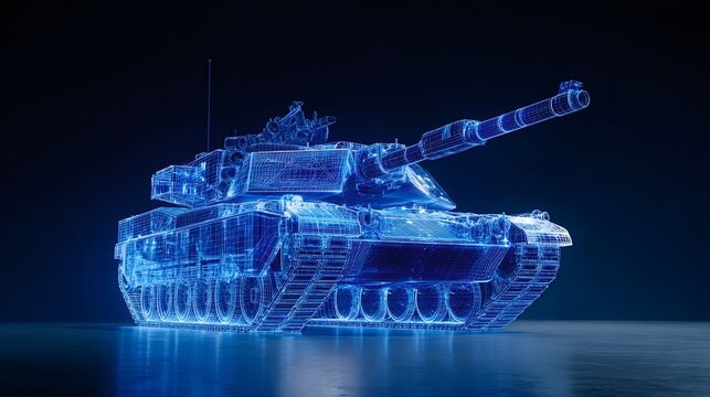 Glowing blue wireframe main battle tank hologram on dark background representing futuristic military technology, engineering design, simulation and digital defense concept