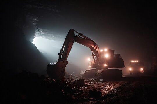 Heavy machinery including an excavator and dump truck are working in a dark underground mine, illuminated by powerful lights and bright light coming from a distant opening