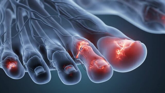 Foot Anatomy Illustration Showing Pain and Inflammation in Toes.